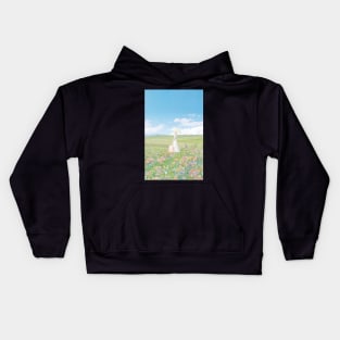 woman in a flower field with umbrella and suitcase Kids Hoodie